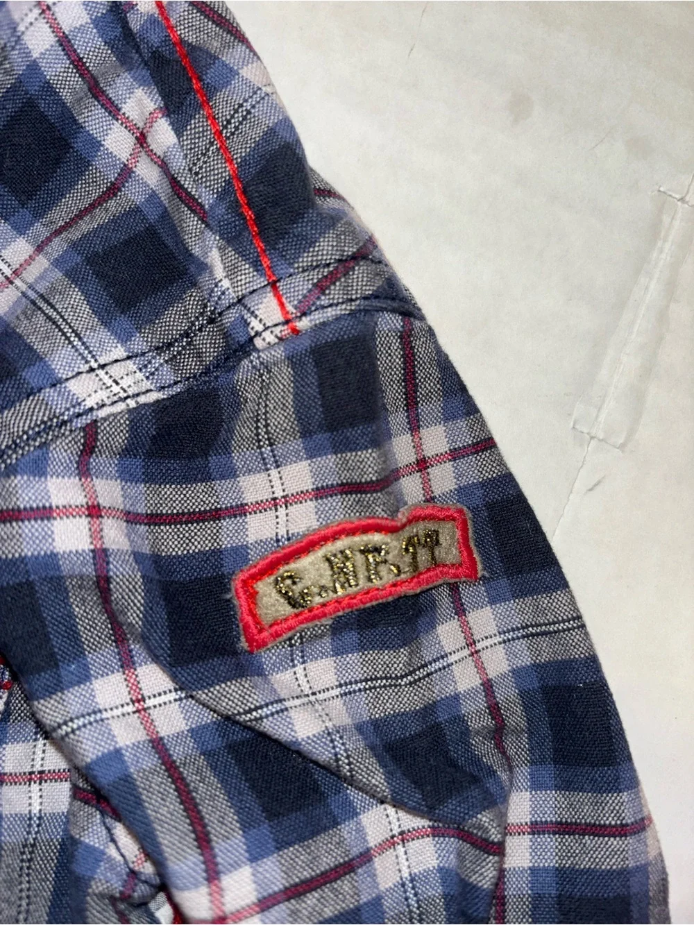 Children's Navy Plaid Button-Down Shirt with Red Accent